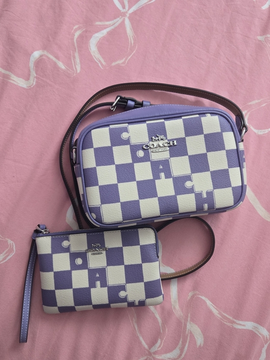Coach Handbags - Coach Lavender & White Checker Canvas Crossbody with Wristlet